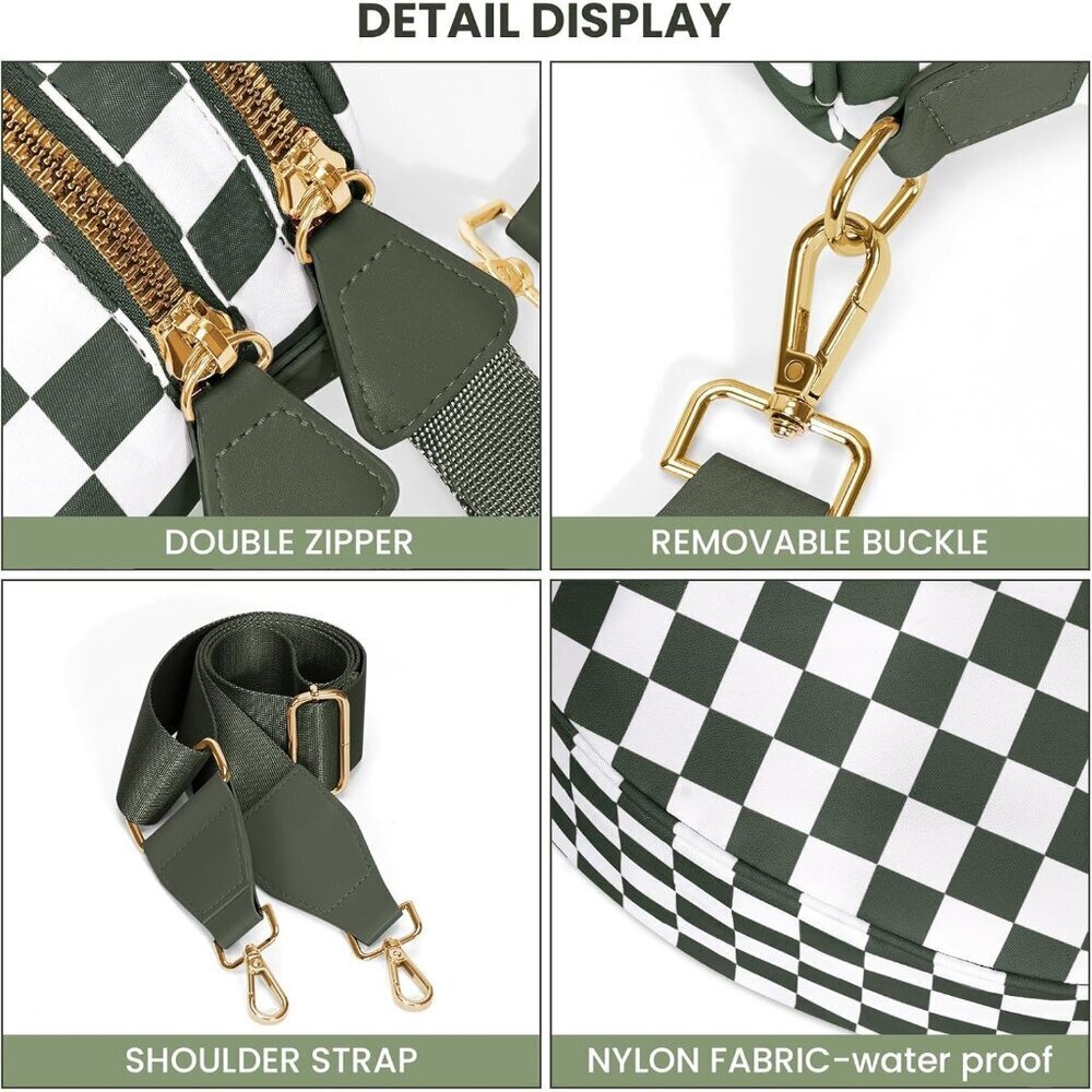 Checkered Nylon Crossbody Bag for Women Adjustable Strap Waterproof - Picture 4 of 7